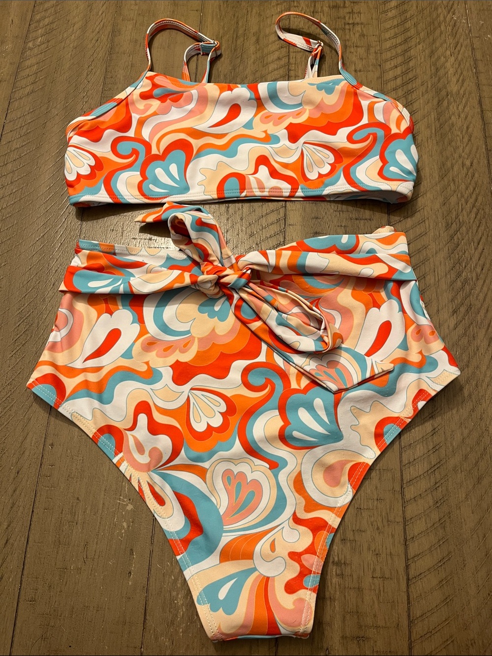 High-Waist Two-Piece Swimsuit in Orange, Blue & Cream